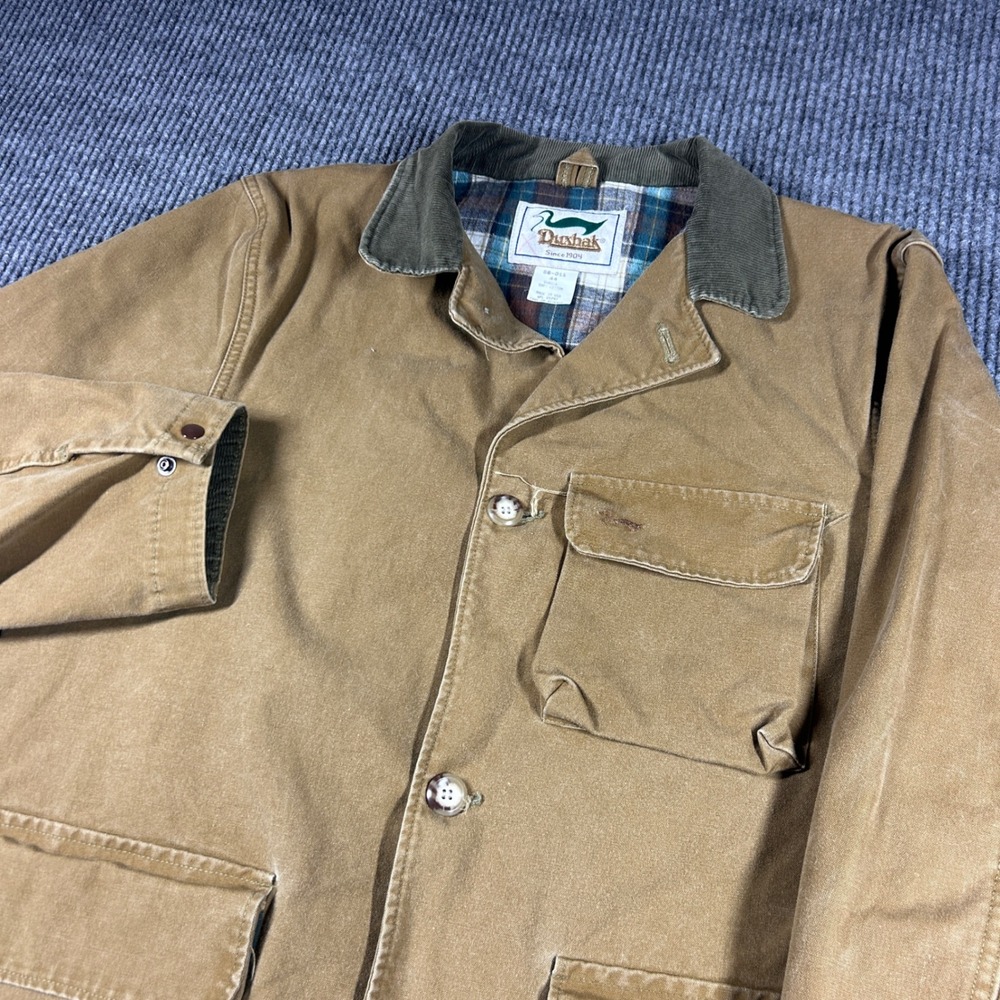 Vintage Duxbak Barn Jacket Mens 44 Brown Canvas Plaid Lined Hunting Coat USA
